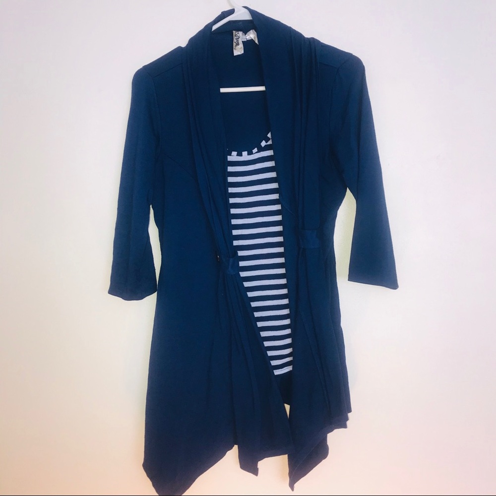 L8ter 3/4 length attached cardigan striped shirt